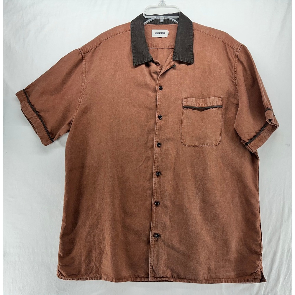 Taylor Stitch Mens Short Sleeve Camp Collar Shirt Brown Linen Blend Size 44 XL